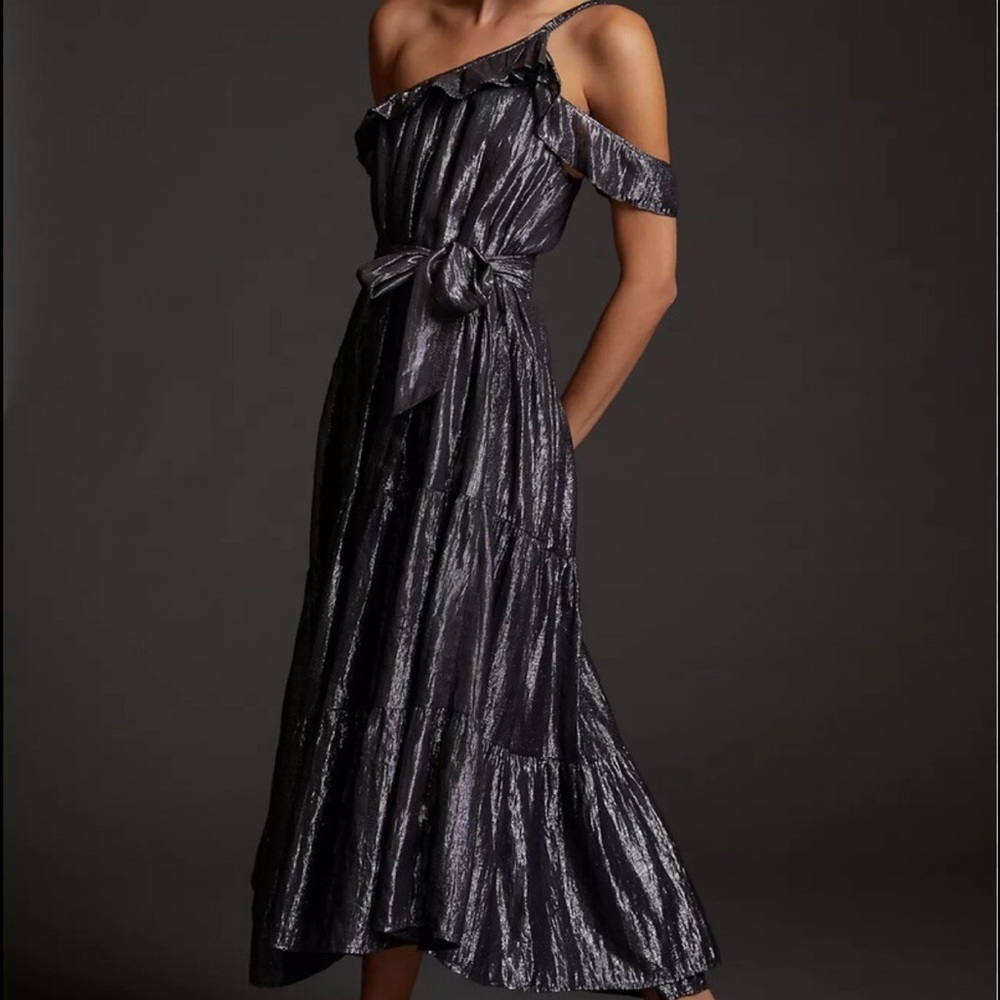 NWT Maeve Ruffled One-Shoulder Metallic Silver Midi Dress